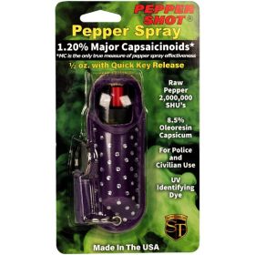 Pepper Shot 1.2% MC 1/2 oz rhinestone leatherette holster and quick release keychain purple